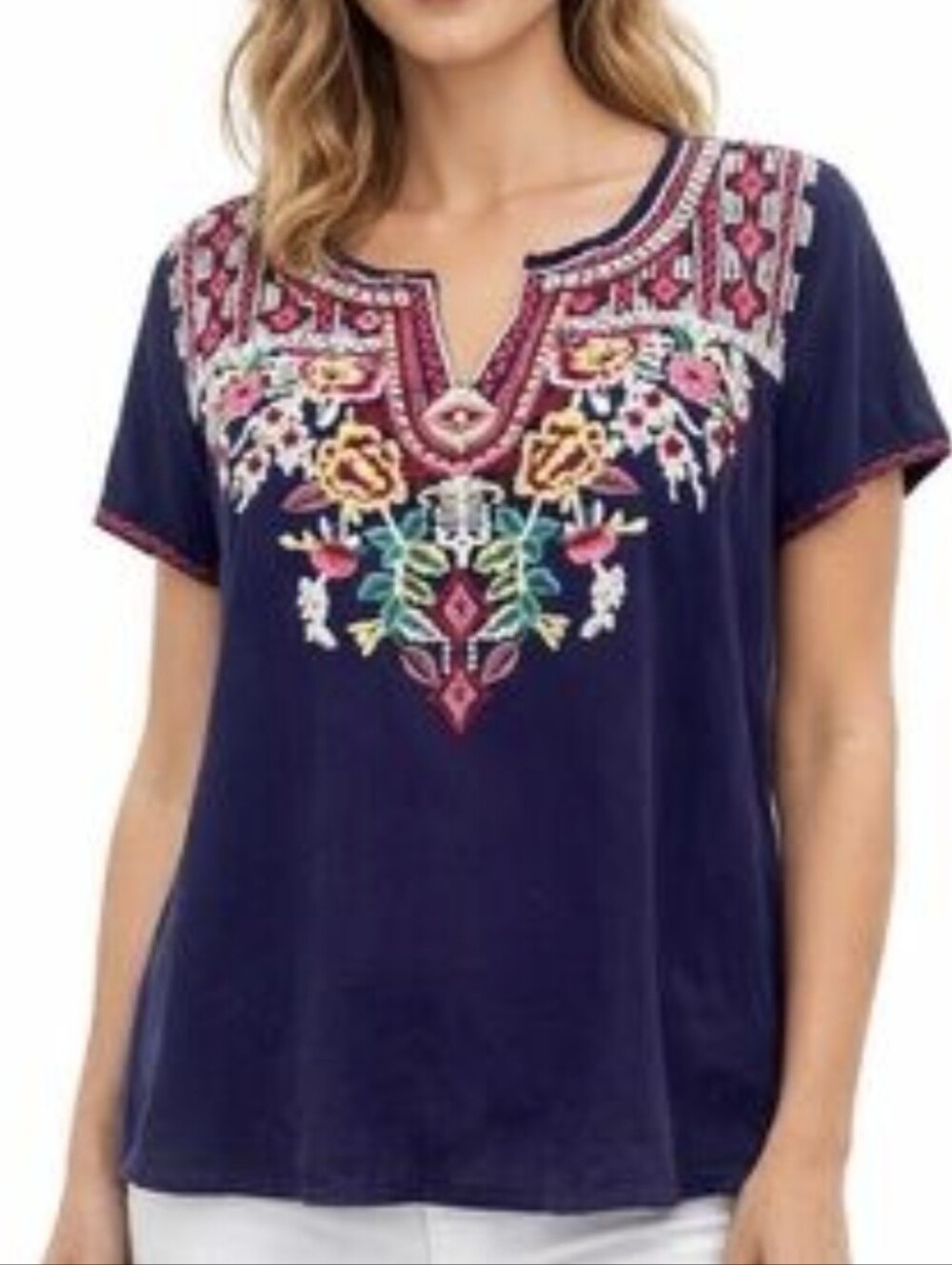 Solitaire Embroidered Navy Short-Sleeve Women's Top V-Neck Size L Soft Paisant